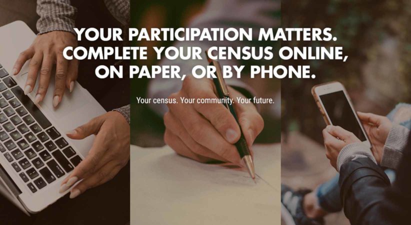 An image of a keyboard, a hand writing, and someone holding a cellphone. Text overlay reads, "You participation matters. Complete your census online, on paper, or by phone."
