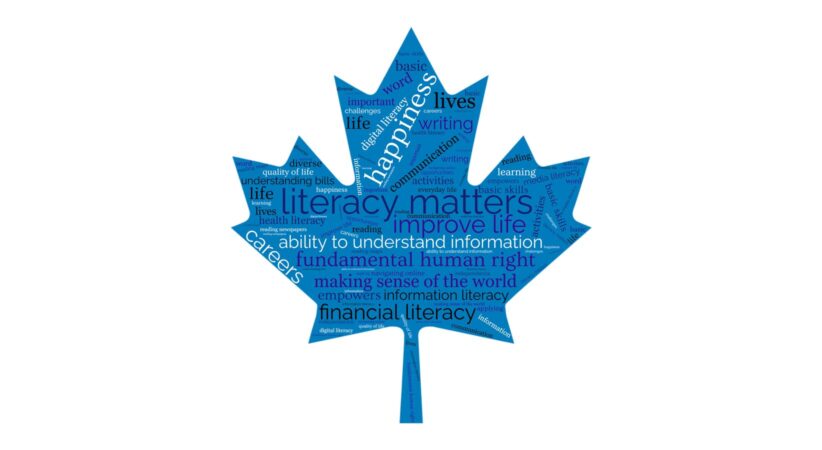 A blue word cloud in the shape of a maple leaf