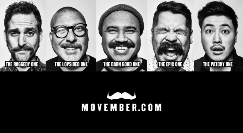 Five images of men with moustaches and the Movember website logo