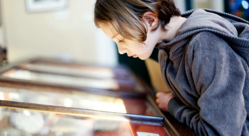A child looks through a glass display case at a museum.
