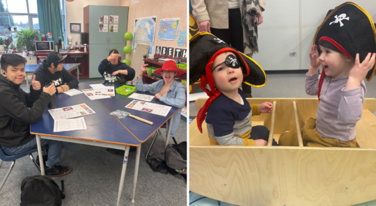 Left: adults in a literacy class. Right: Two children dressed as pirates in a toy boat.