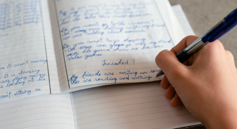 A hand is writing in a notebook with a pen.