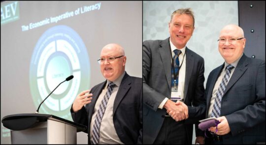 Two images side by side. Left: Craig speaking into a microphone. Right: Ralf St. Clair and Craig shaking hands.