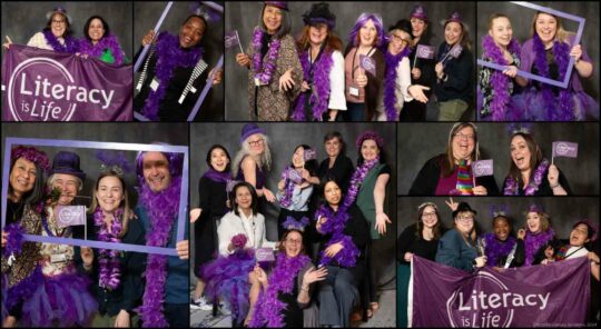 A collage of people wearing purple and holding purple props