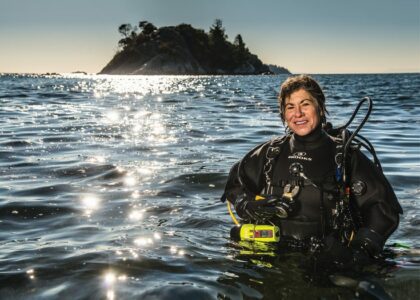 A woman standing in diving gear in the water. An island and sunset can be seen in the background.
